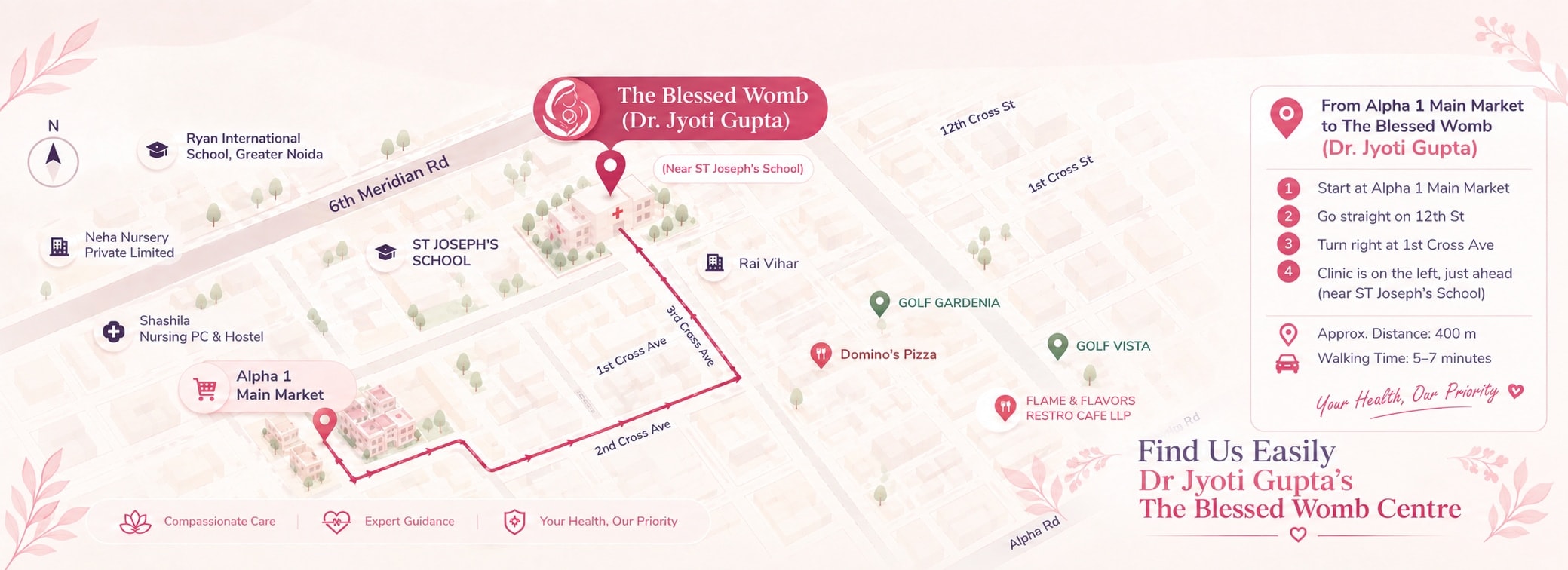 Map and directions to The Blessed Womb in Block D, Alpha I, Greater Noida